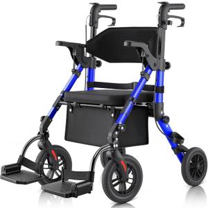 Walkers for Seniors with Seat, Walker Wheelchair Combo, 2 in 1 Rolling Walker Transport Wheelchair Lightweight Foldable, 10" Big Wheels Transport Chair with Brakes,Blue