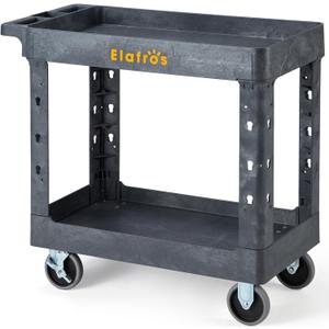 ELAFROS Heavy Duty Plastic Utility Cart 34 x 17 Inch - Work Cart Tub Storage W/Deep Shelves and 2 Fixed 2 Swivel Wheels Safely Holds up to 550 lbs - 2 Tier Service Cart for Warehouse,Garage, Gray