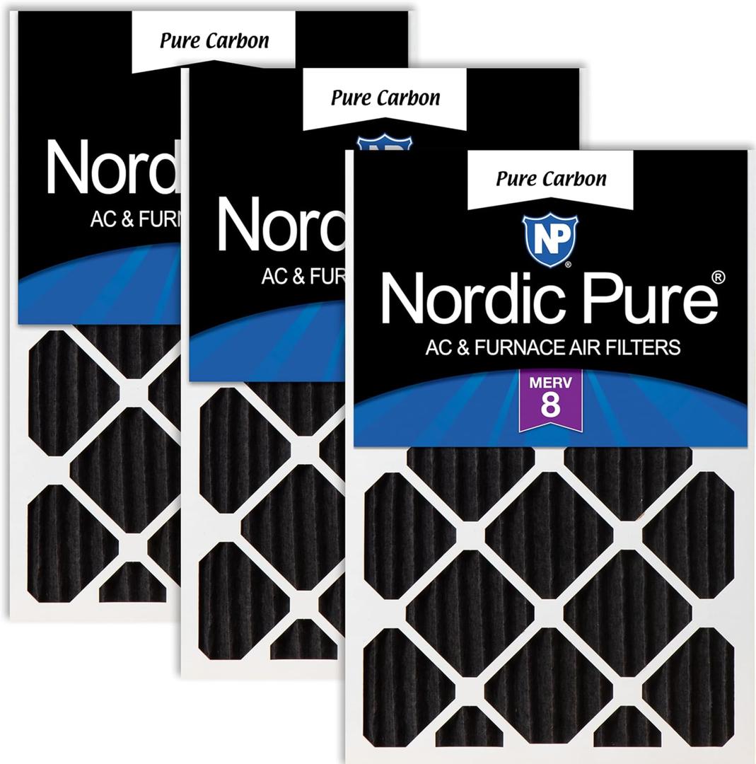 Nordic Pure 24x30x2 Pleated MERV 8 Pure Carbon Air Filters 3 Pack | Actual Size: 23 1/2 x 29 1/2 x 1 3/4 Made in USA, HVAC Odor Filtration, Pet, Cooking & Household Smell Control, MERV 8 Pure Carbon