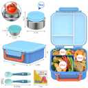 Kids Bento Lunch Box with 9oz Soup Thermo Leakproof Lunch Food Containers 4 Compartment with Insulated Hot Food Jar for Kid Toddler Girls Boys to School, Trvael (Blue)