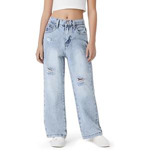 PATPAT Girls Wide Leg Jeans Size 4-14 Years Elastic Waist Ultra Stretch Baggy Jeans with Pockets (Light Blue Ripped, 6-7 Years)