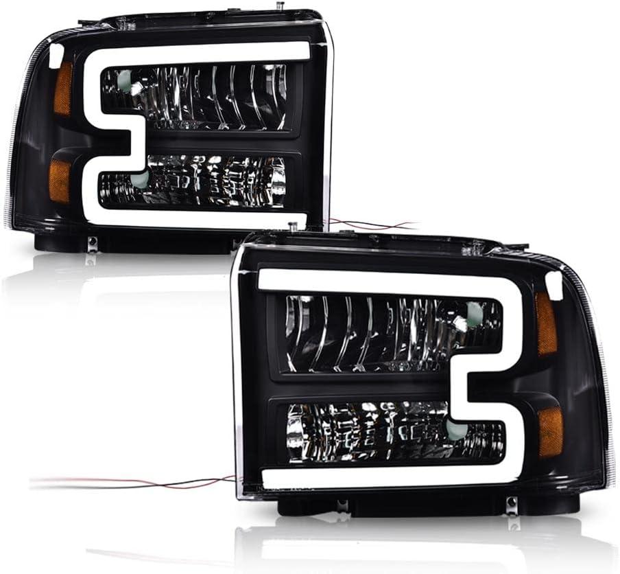 PIT66 LED Headlight Assembly Compatible with 2005-2007 Ford F250 F350 F450 F550 Super Duty /2005 Excursion (Not Fit Sealed Beam Headlight model) Headlamp Clear Lens Black Housing Amber Reflector