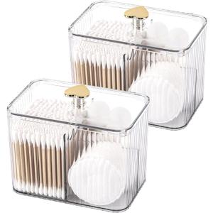Tbestmax Qtip Holder Dispenser 3-Section Clear Bathroom Organizer Jar 3 Grids Cotton Swab/Pad/Ball Holder Container Cosmetics Storage for Vanity (2 Pack)
