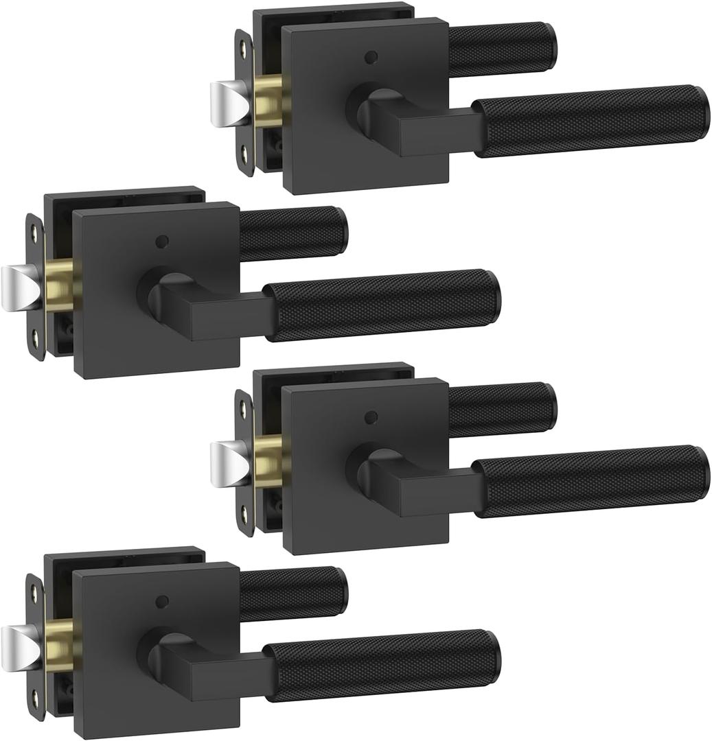 FILTA 4 Pack Matte Black Privacy Door Handles, Knurled Door Levers Interior Matte Black Door Lever Bathroom Door Knobs Heavy Duty Square Door Lock