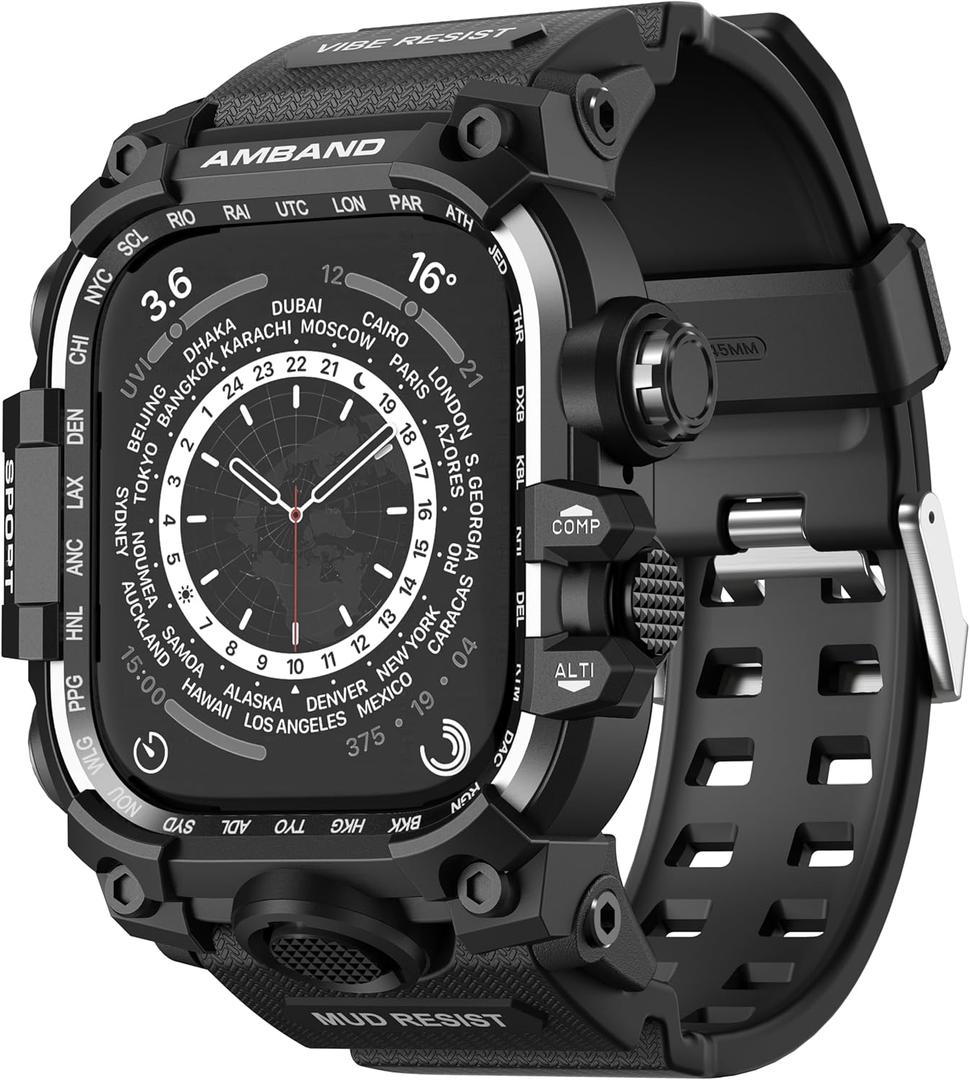 amBand Rugged Case with Band for Apple Watch 45mm, Compatible with Apple Watch (iWatch) Series 9/8/7, Military Grade Shockproof Bumper Cover, Tactical Band for Men, Matte Black