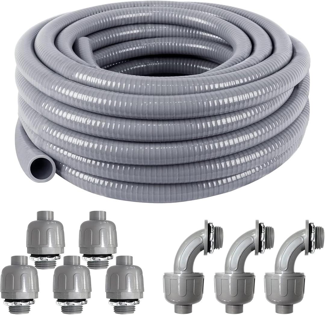 3/4 Inch 25ft Electrical Conduit Kit UL Certification,Flexible Non Metallic Liquid Tight Electrical Conduit,Flexible Metallic Conduit with 5 Straight and 3 90-Degree Conduit Connector Fittings
