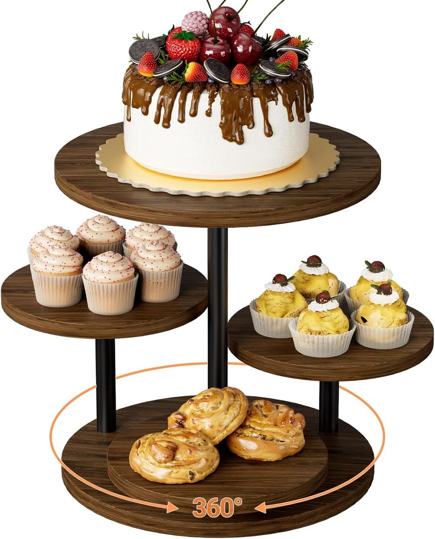 Cupcake Holder for 50 Cupcakes Wood Cake Stand with 4 Tiered Serving Tray 360Rotating Dessert Stands Round Cookie Trays for Parties Wedding Baby Shower Afternoon Tea Dessert Table, Walnut