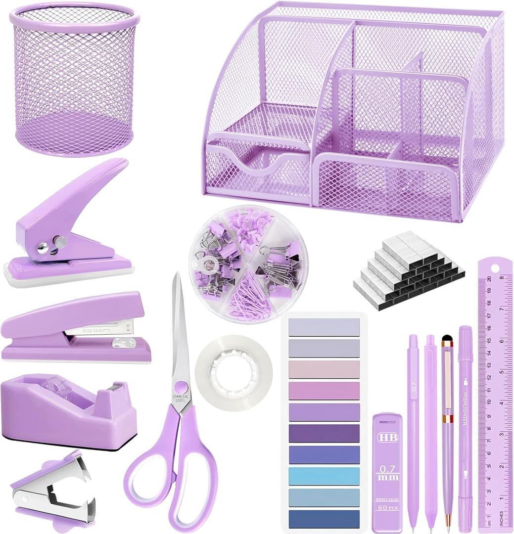 Purple Desk Accessories, 17Pcs Purple Office Supplies Set with Stapler, Mesh Desk Organizer, Tape Dispenser, Staple Remover, Pen Holder, Clips, Pens, Ruler, for Office Home School Women Students Gift