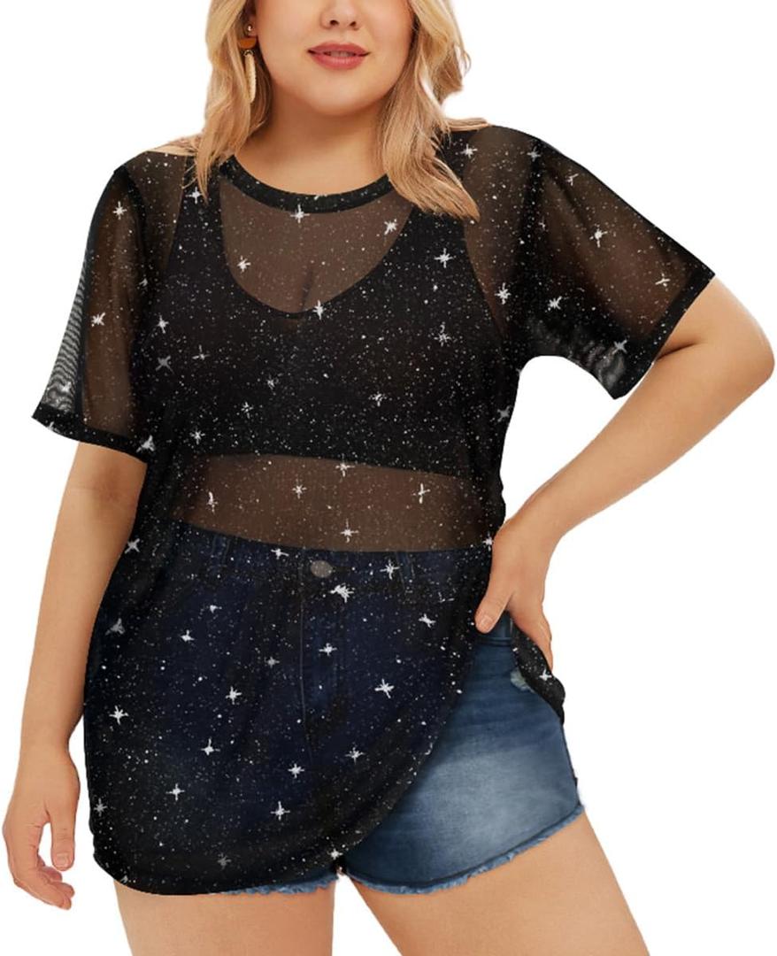 RITERA Plus Size Mesh Tops for Women Sexy Short Sleeve Sheer Fishnet Shirts Black Tshirts Blouses XL-5XL, (690-black Sequin) 5XL