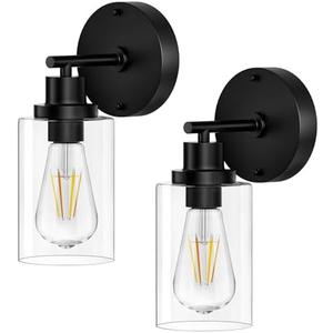 BUTHY Bathroom Wall Sconces Set of Two: Black Vanity Light Fixtures with E26 Base LED Cordless Indoor Wall Mount Lamp for Mirror Bedroom Hallway Stairway Modern Decor Lighting