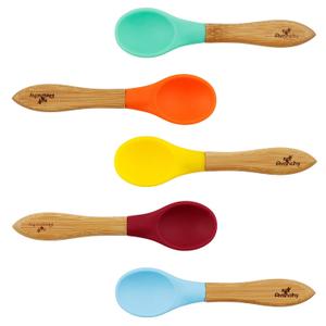 Avanchy Baby Spoons, Silicone Baby Spoons for Self Feeding, Toddler & Infant Spoons 4+ Months, Baby Led Weaning Utensils, Soft Tip Feeding Spoons, BPA Free Bamboo Handle, 5 Pack Blue