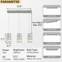 3-Lights Rectangle Modern Crystal Pendant Lights for Kitchen Island LED Dimmable Glam Pendant Lighting Chandelier for Dining Room Hallway Corner Lamp Nickel