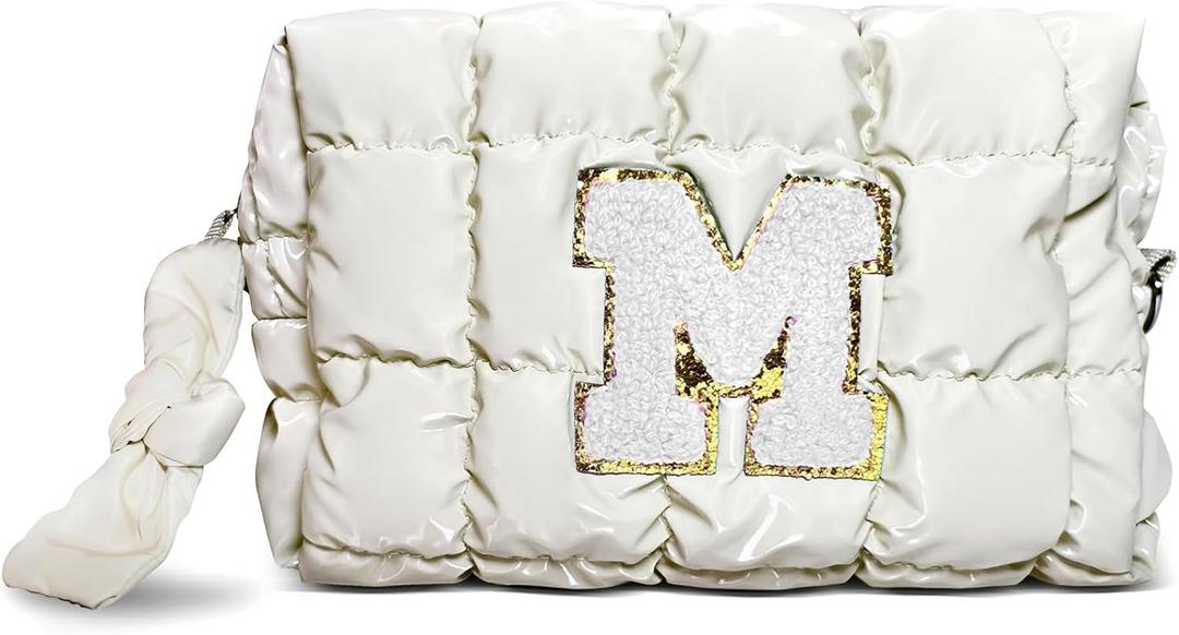 FluffyFairy White Makeup Bag with Initial,Quilted Makeup Bag,Puffy Soft Checkered Makeup Travel Bag, Waterproof Travel Toiletry Bag for Women,Ideal Bridesmaid Gift, Gift for Women