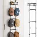 HapiRm Over Door Hat Rack - Wall Mounted Hat Organizer with 6 Hooks and Metal Basket Design, Baseball Cap Organizer Storage Holder Up to 32 Caps for Door, Bedroom, Closet (Black) (1 Pack)