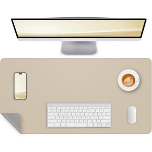 Dual-Sided Leather Desk Pad Protector- Non-Slip PU Desk Mat, Small Waterproof Office Blotter for Keyboard & Mouse | Desktop Mat | Home Office (35.4"x17", Beige Grey)