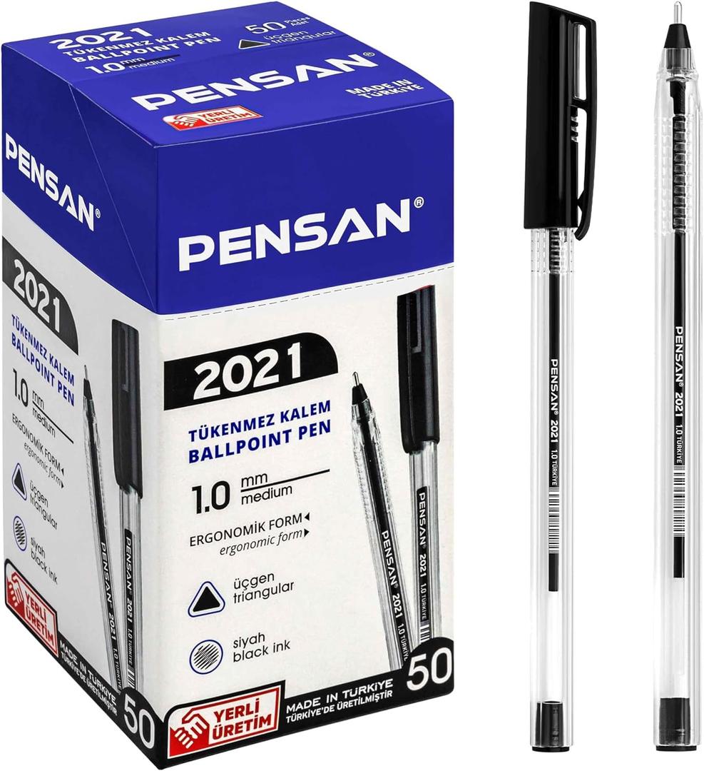 PENSAN Black Ballpoint Pens,1.0 mm Medium Point, Black Pens, Ergonomic Triangle Grip, 50-Count Pack of Bulk Pens