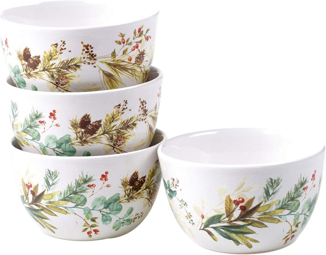 Christmas Story Ice Cream & Dessert Bowls  Set of 4 22 oz. Ceramic Holiday Bowls with Pinecone & Berry Winter Art  Festive Microwave & Dishwasher Safe Serving Bowls (Large)