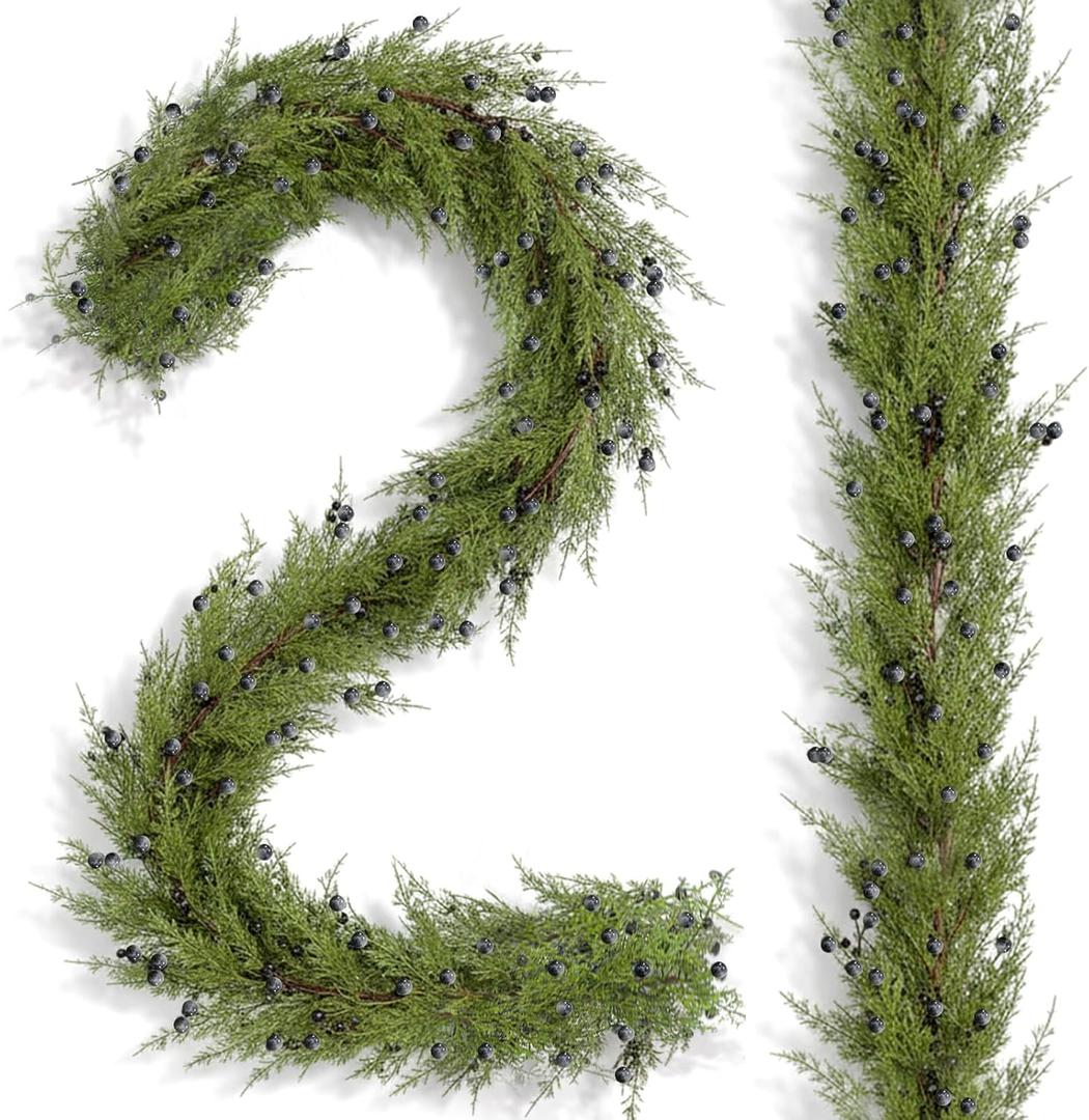 Tigeen 6 ft Christmas Juniper Garland Realistic Artificial Berry Greenery Cedar Faux Juniper Cane Garland for Table Fireplace Christmas Mantle Wreath Winter Indoor Outdoor Holiday Decorations