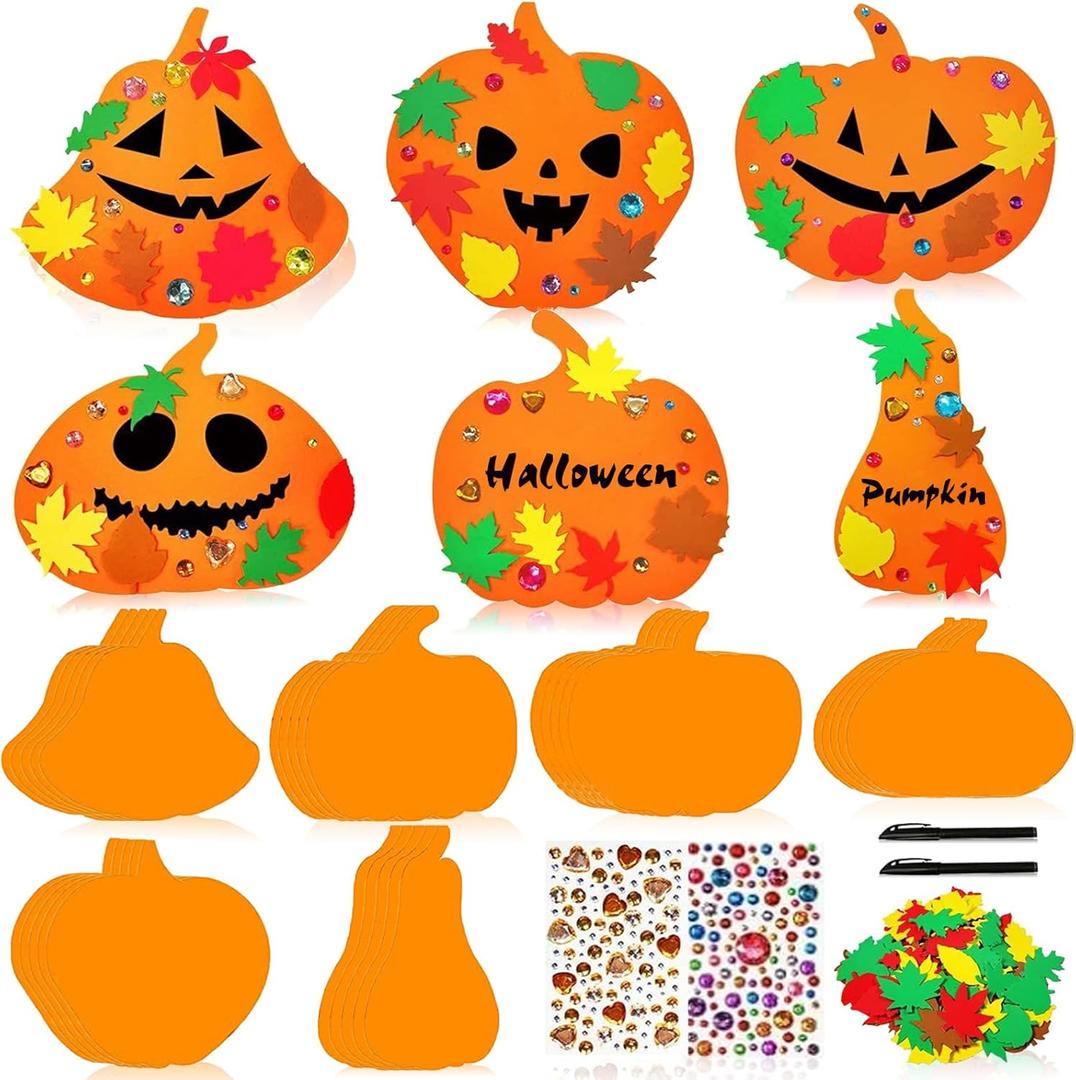 Aiofaervy 35 Pieces Halloween Foam Pumpkin Craft Kits,Foam Pumpkin with Fall Maple Leaves Rhinestone Stickers DIY Pumpkin Stickers for Halloween Thanksgiving Art Crafts Decorations