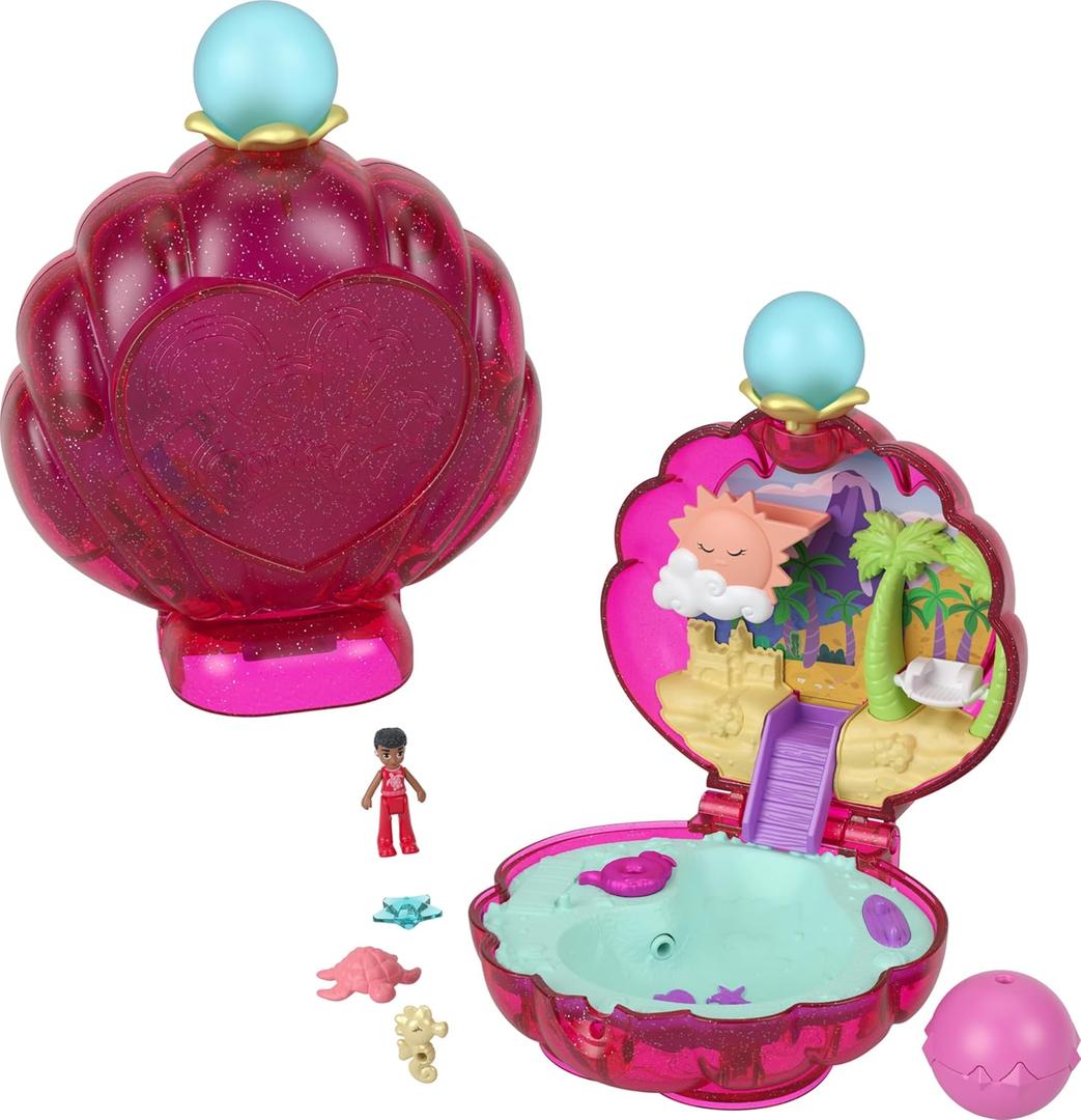 Polly Pocket Dolls & Accessories, Sparkle Beach Shell Compact with Micro Doll & Ocean Pet, Travel Toy with Water Play