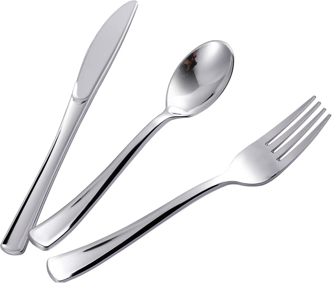 N9R 500PCS Silver Plastic Cutlery Set - 200 Forks, 150 Knives, 150 Spoons - Disposable, Premium, Sturdy - Silver, Plastic - Perfect for Gathering, Weddings, Parties
