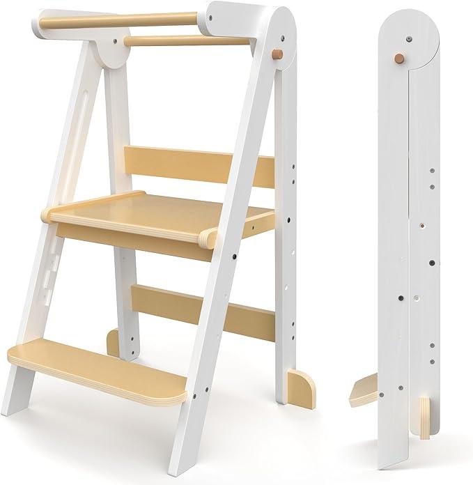Foldable Toddler Tower Wooden Step Stool for Kids Folding Toddler Learning Tower Kitchen Helper Stand Toddlers Child Steps Stool for Bathroom, White