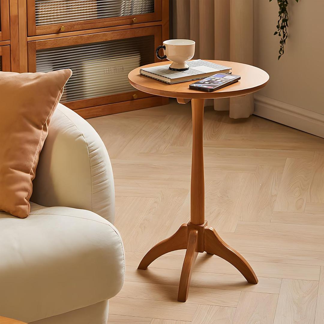 Small Round Side Table, Solid Wood End Table with Adjustable Height, Portable Accent Coffee Table, Nightstand,15.75" Dia.x 23.62" H,(Natural)