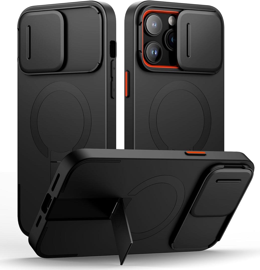 SURITCH for iPhone 14 Pro Max Case with Magnetic Camera Slide Cover and Adjustable Kickstand, Compatible with MagSafe, Shockproof Bumper Case Slim Protective Cover 6.7 Inch, Black