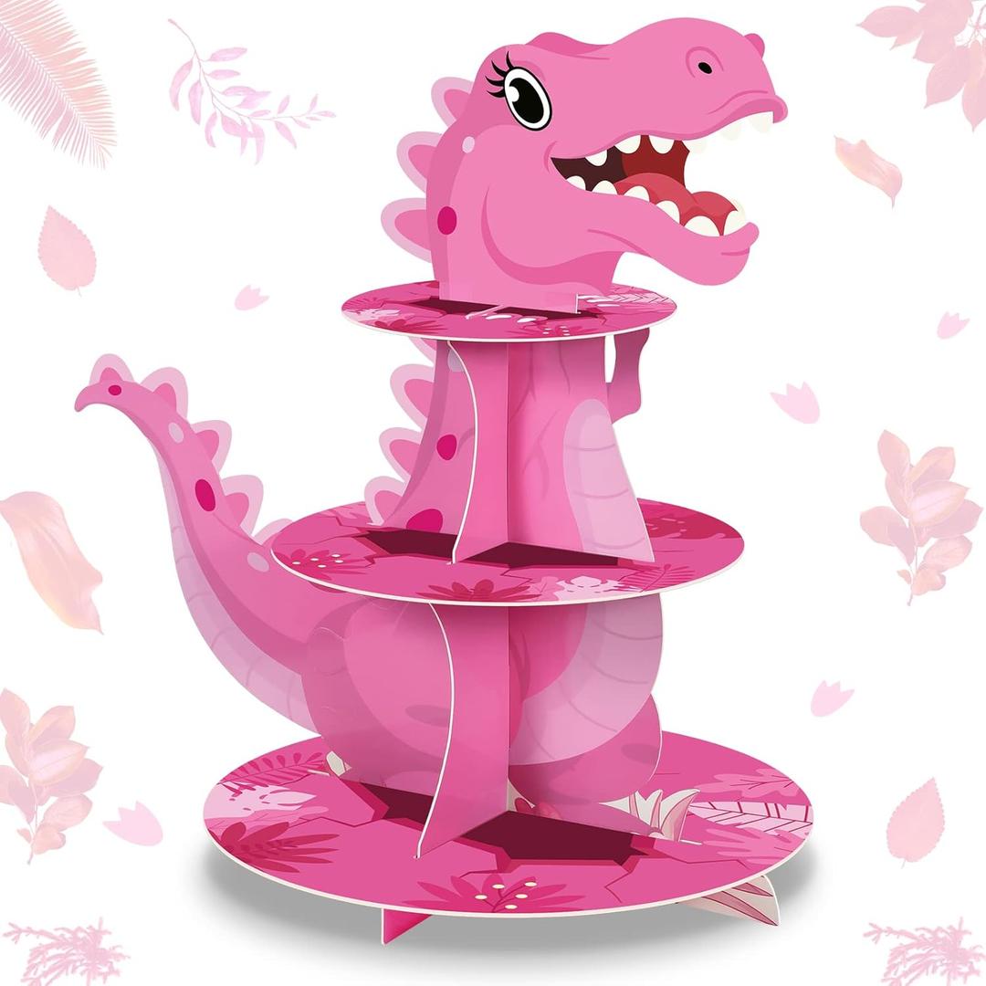 Censen 3 Tier Dinosaur Cupcake Stand Party Decorations Dinosaur Theme Cupcake Holder Decorations Dino Dessert Tower for Kids Boys Jungle Dino Theme Party Birthday Supplies (Pink)