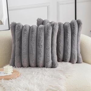 Neelvin Grey Faux Fur Cozy Soft Striped Decorative Throw Pillow Covers 24x24 inch Set of 2,Velvet Pillowcase Cushion Case for Sofa Couch