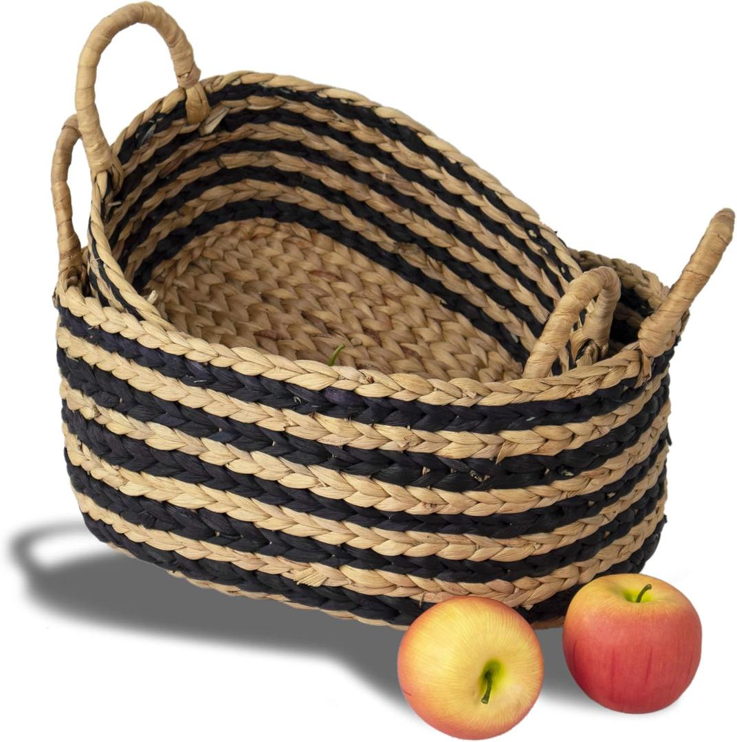 Set of 2 Basket Hand-Woven Storage Basket with Handle, Decorative Basket Organizer Basket for Living Room Dressing Baby Nursery Wash Children's Toy (Water Hycinth Black and White Stripe)