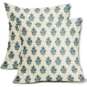 Sage Green Blue Floral Block Print Pillow Covers 20x20 Set of 2 Spring Flower Pattern Decorative Throw Pillowcases Outdoor Rustic Farmhouse Square Cushion Cases Decor for Home Couch Sofa Bed