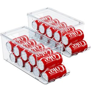 2 Pack Stackable Refrigerator Organizer, Soda Can Dispenser Pop Cans Container Beverage Holder with Lid for Fridge, Freezer, Kitchen, Clear Plastic Storage Bins-Holds 10 Cans Each (Clear)