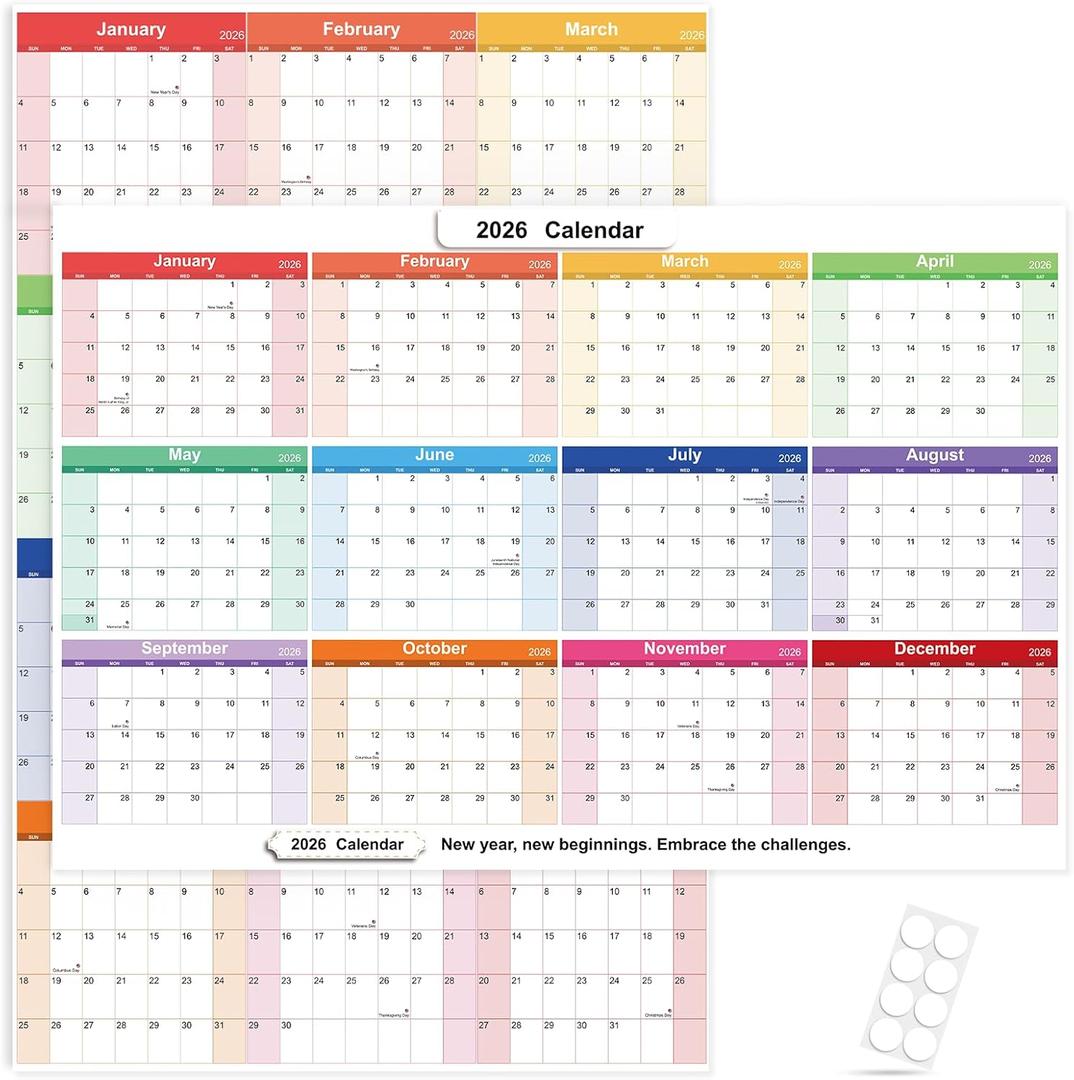 2026 Wall Planner 34.8"x22.8" Dual-Sided Dry Erase Calendar with 8 Adhesive Dot Stickers, Folded Packaging, Horizontal/Vertical, Large Monthly Yearly Planner For Office Home Students, Rainbow