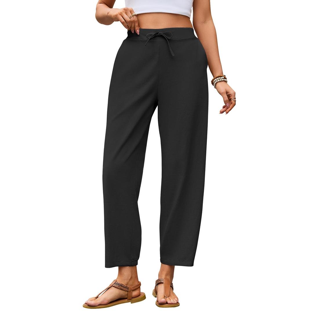 Puimentiua Womens Linen Pants Summer Lightweight Breathable Elastic Waist Drawstring Beach Vacation Pants with Pockets, XL