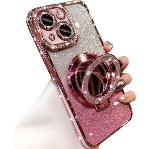 Magnetic Kickstand Glitter Case for iPhone 15, [Compatible with Magsafe] Luxury Bling Sparkly Rhinestones Diamond with Camera Protector & Makeup Mirror Women Girls Case for iPhone 15 6.1", Pink