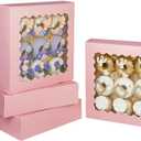 Bakepacker 55pcs Pink Pie Boxes 8x8x2.5 inches Easy Assemble Macaroon Cookie Boxes Bakery Boxes with Window for Bakery (Auto-pop Up)