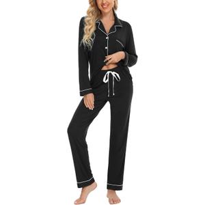 Leikar Button Up Pajama Set For Women Long Sleeve Shirt And Pajama Pants Soft Pjs Lounge Sets (Medium, Black)