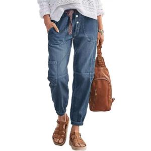 Flamingals Straight Leg Button Fly Jeans for Women Multi Pocket Mid Rise Jeans Without Belt Denim Pants (Large)