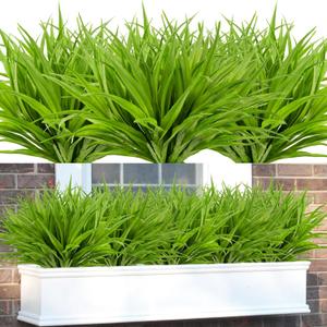 16Pcs Artificial Grass Fake Plants 17.3in 16 Leaves Outdoor Fake Grass UV Resistant Greenery Plastic Plants for Home Window Garden Patio Hanging Planter Pathway Front Porch Dcor Green