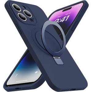 Designed for iPhone 15 Pro Case with Magnetic Invisible Stand Compatible with Mag-Safe Military Drop Tested Shockproof Silicone Phone Cases for Women Men 6.1'', Dark Blue