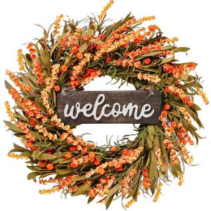 Sggvecsy Artificial Fall Wreath - 22'' Autumn Front Door Wreath with Harvest Foam Leaves, Small Pumpkins for Outside, Indoor Wall, Window Festival, Thanksgiving Decor