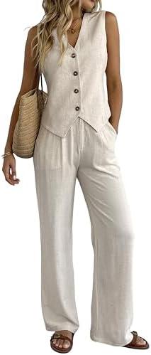 Women's 2 Piece Outfits Linen Vest Waistcoat Dressy Casual Sets Wide Leg Pants Suits, Size L