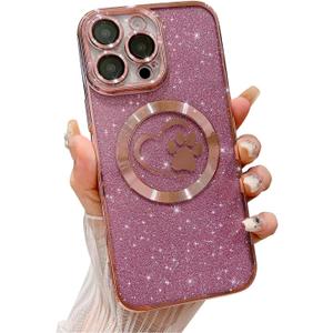Compatible for iPhone 16 Pro Max Case Glitter Clear Paw Love Heart Compatible with MagSafe, Camera Lens Protection Soft Slim Thin Magnetic Bling Phone Case - Pink