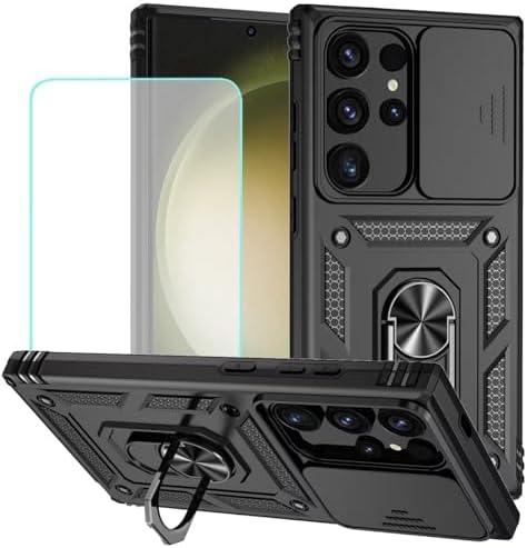 Vokuha Case for Samsung Galaxy S24 Ultra Case with Tempered Glass Screen Protector and Slide Camera Cover, 360° Rotate Ring Stand Magnetic Cover for Samsung Galaxy S24 Ultra Black