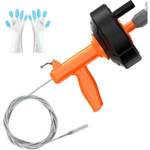 Drain Snake, Drain Auger with Drill Adaptor, 25 Feet Plumbing Snake Auto Feed Flexible Hair Drain Clog Remover for Kitchen, Bathrom and Shower Sink with Gloves (Orange)