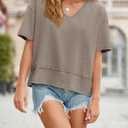 Cicy Bell Womens Summer V Neck T Shirts Casual Short Sleeve Flowy Tops Cute Loose Fit Basic Tees (Beige, L)