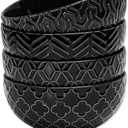 Sureasy Ceramic Cereal Bowls Set of 4, 5.9 Inch Deep Soup Bowls for Kitchen, 25 oz Embossed Stoneware Bowls for Pasta, Salad, Oatmeal, Noodle, Ramen, Microwave Dishwasher Safe, Set of 4, Black