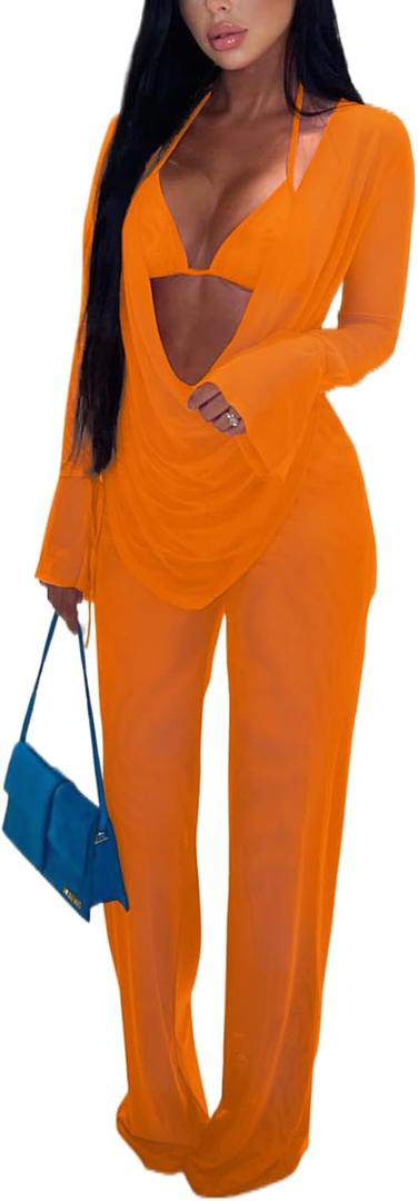 EDITCOZY Women Mesh Sheer 3pcs Outfits Long Sleeve Top Long Pant Bikini Cover Up (X-Large,Orange)