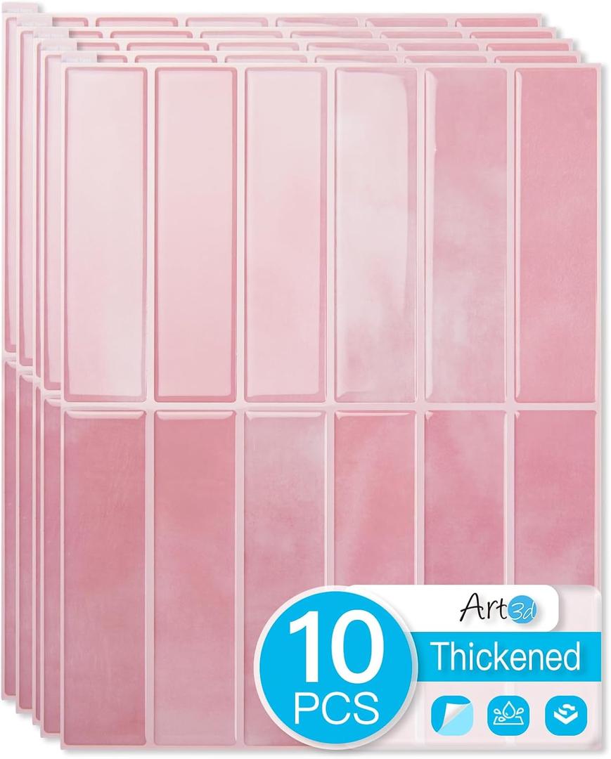 Art3d 11.4 x 9 Inch Heavy-Duty Peel and Stick Backsplash for Home Dcor, 10-Pack Vinyl Wall Tiles for Kitchen Countertop, Pink Marble